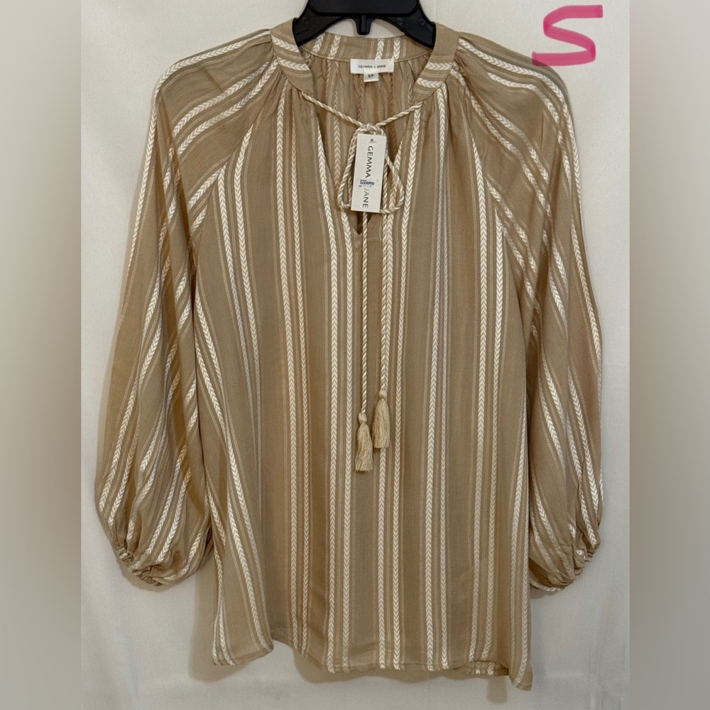 Charming Beige Striped Blouse with Tie-Neck